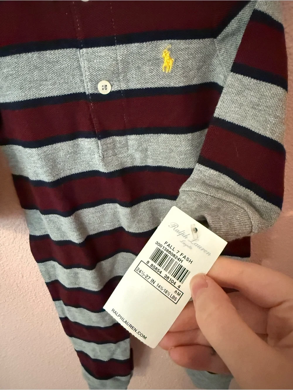 NWT Ralph Lauren Baby Striped Polo One-Piece in Gray and Burgundy